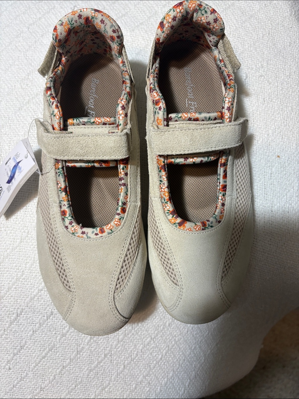 Barefoot Freedom Beige Suede Mary Jane Flats with Floral Trim
